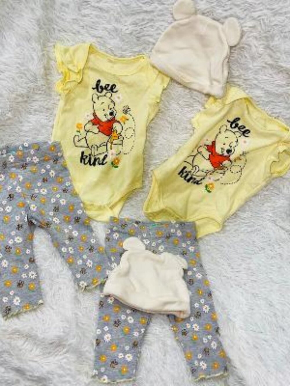 Twin Disney Baby Pants & Body Suit Hats Winnie The Pooh Bees Flowers Yellow 0-3